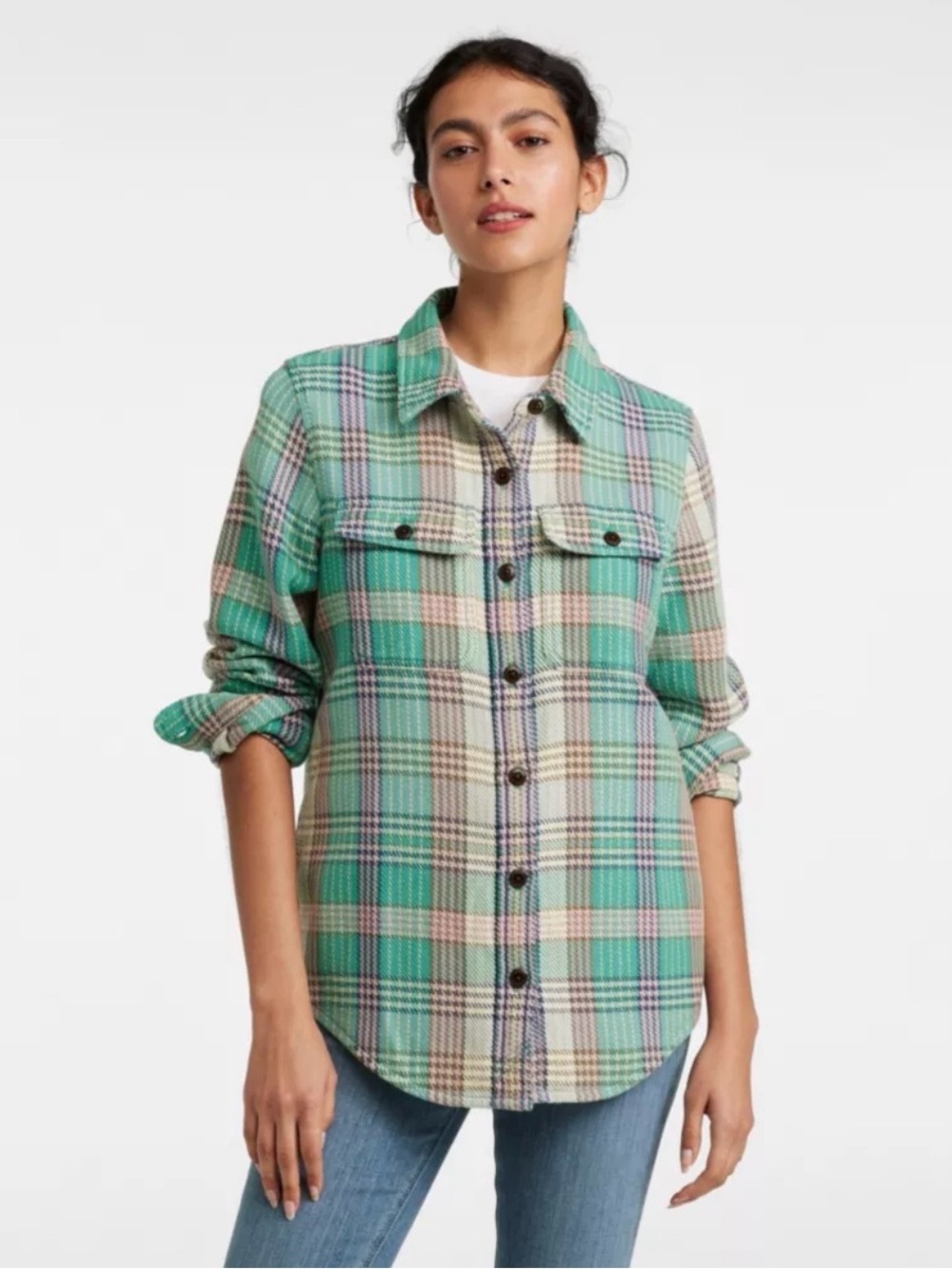 L.L. Bean 1912 Overshirt -Mint Green Plaid Button-Down Shirt w/ Pockets